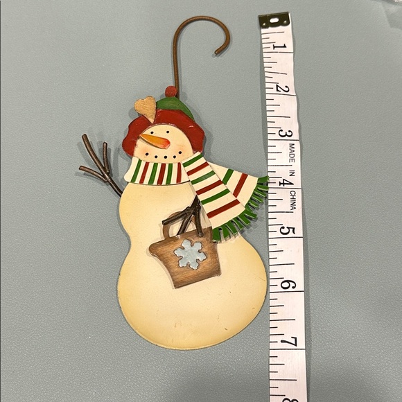 Festive Snowman Metal Ornament with Scarf and Basket - Picture 2 of 3